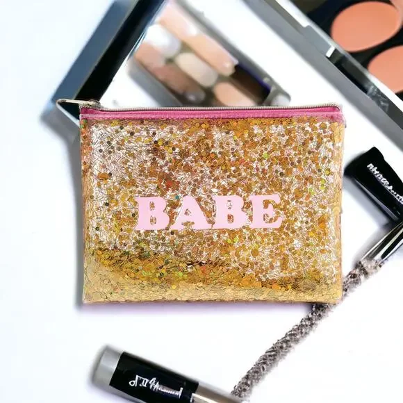 Sparkling Gold Pink Make up Makeup Cosmetic Quote Slogan BABE Glitter Bag - Picture 2 of 2